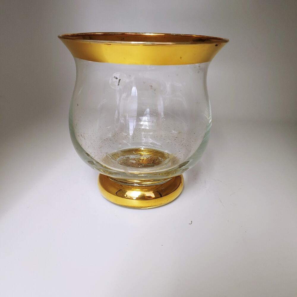 Crate & Barrel Candle‎ Holder Clear Glass Gold Rim Hurricane Vase Italy Votive